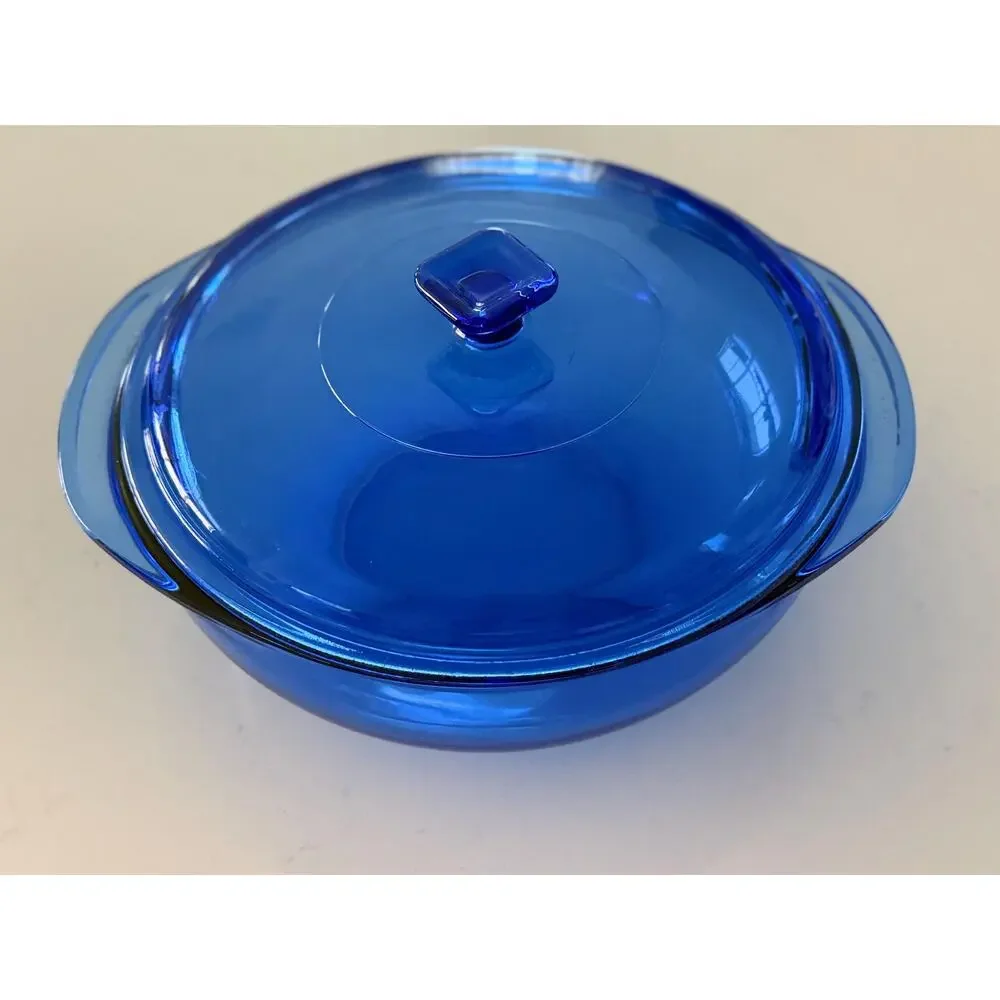 Vintage Pyrex Cobalt Blue Round Casserole Dish with Lid, 2 Qt Ribbed Glass Baker